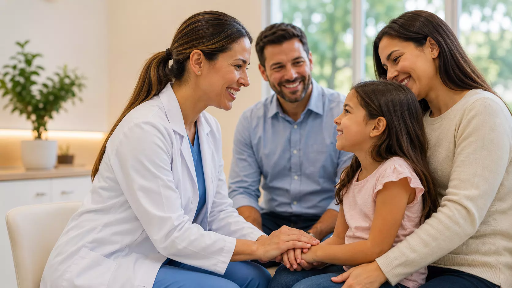 Médica sorrindo em consultório moderno